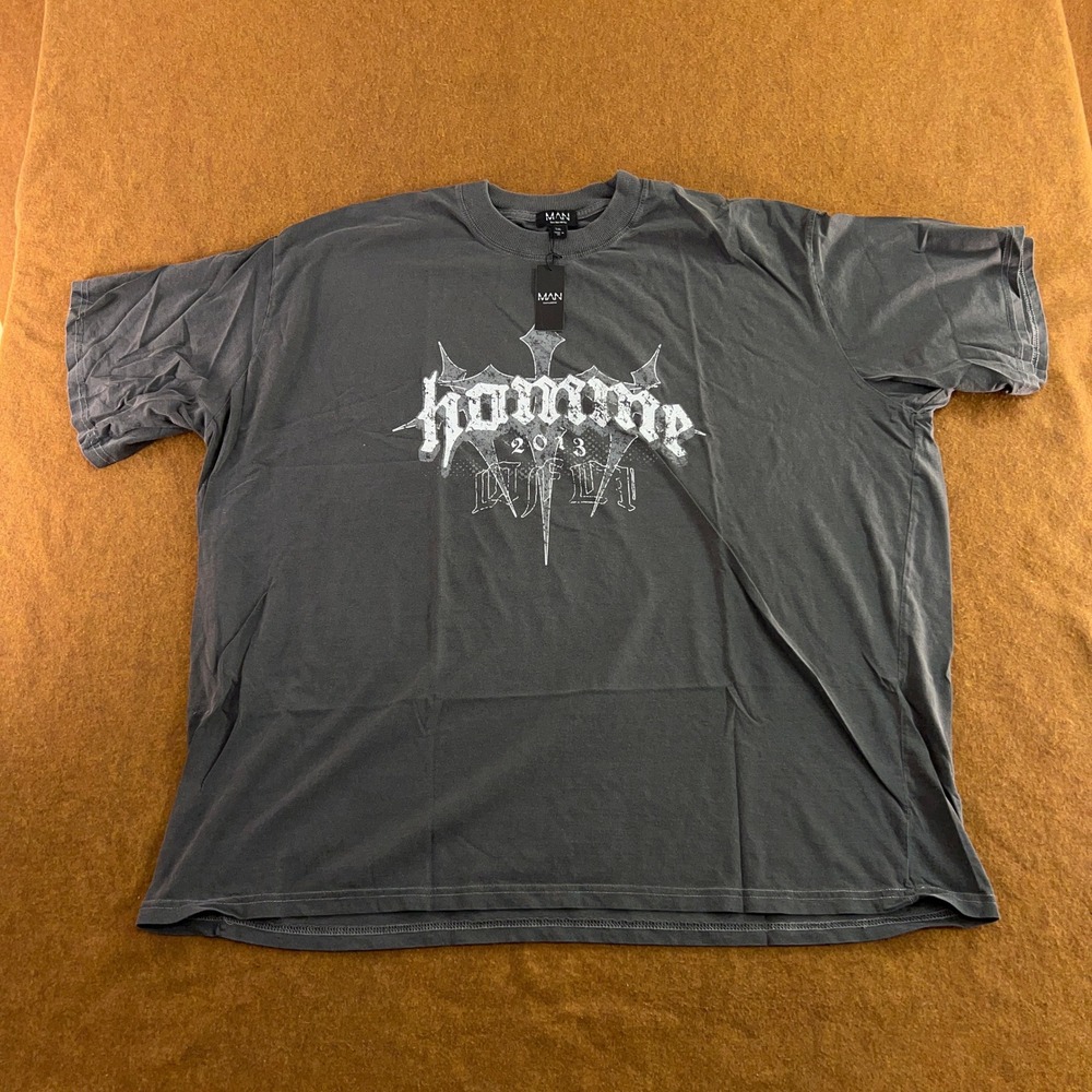 boohooMAN Mens 5XL Grey Plus Oversized Homme Cross Puff Print T-shirt NWT